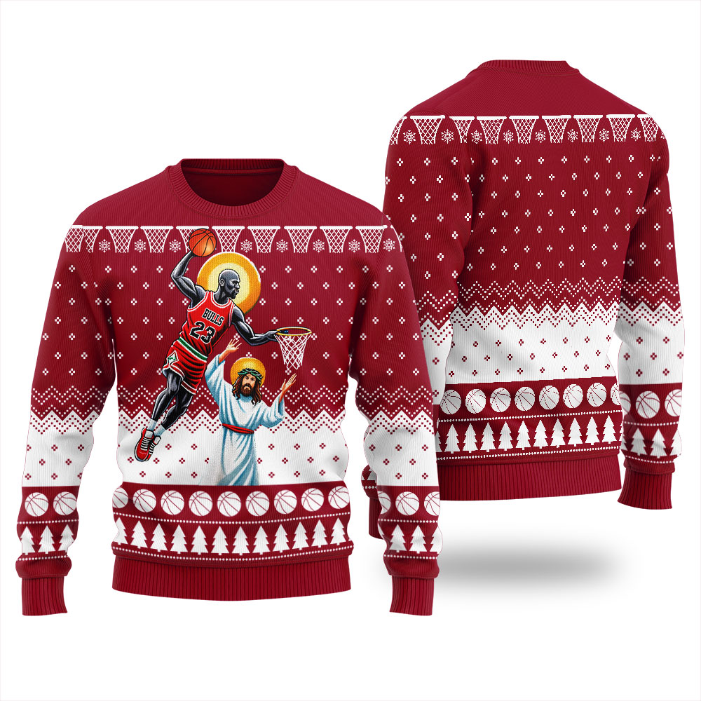 Michael Jordan Dunking Jesus Basketball Christmas Sweater Cardinal Red - variant image 1