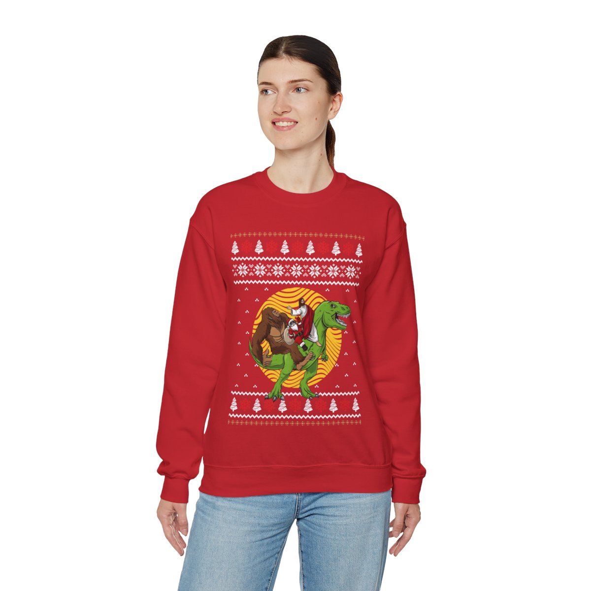 Bigfoot Santa Jesus Riding On A Dinosaur Ugly Christmas Sweatshirt For Women