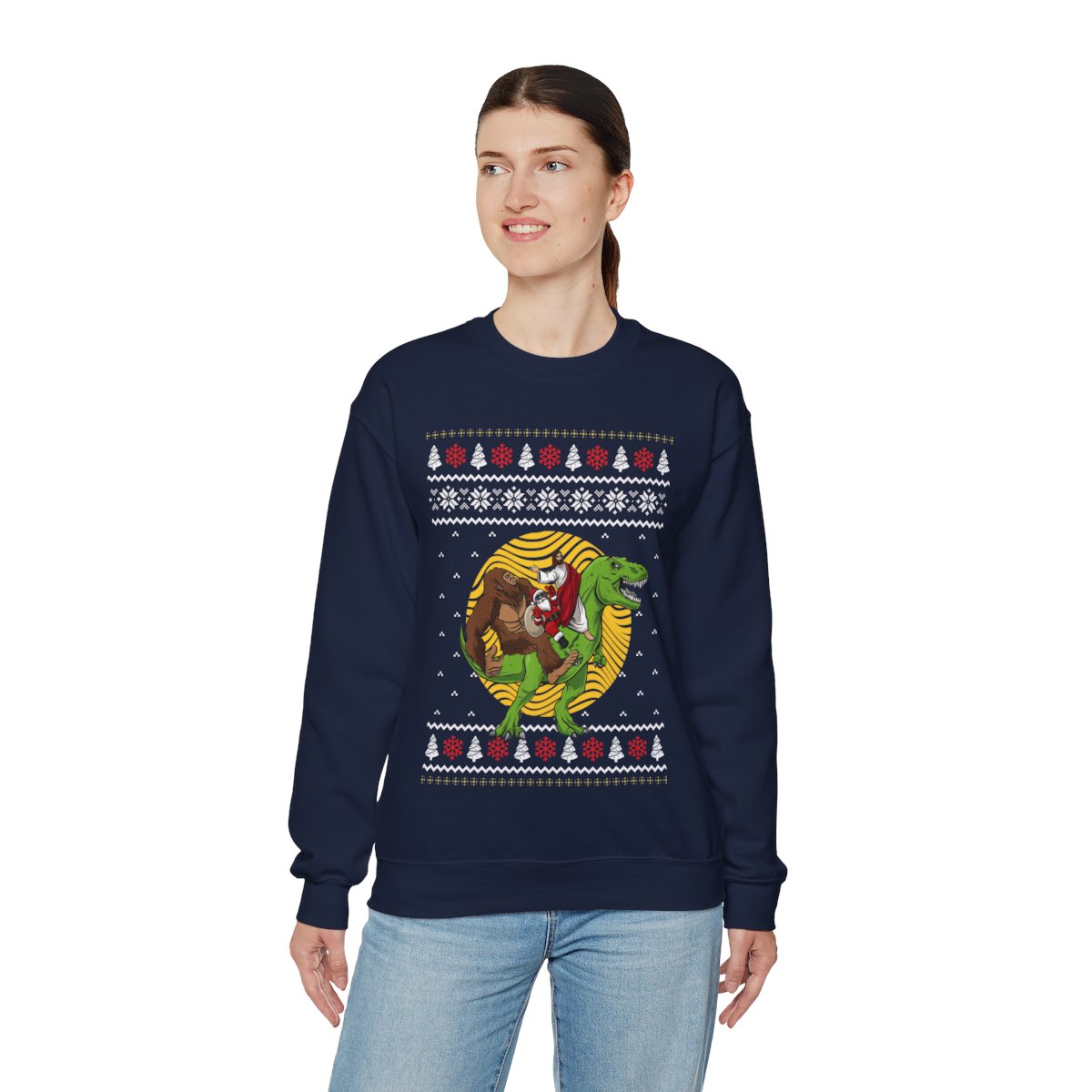 Bigfoot Santa Jesus Riding On A Dinosaur Ugly Christmas Sweatshirt For Women