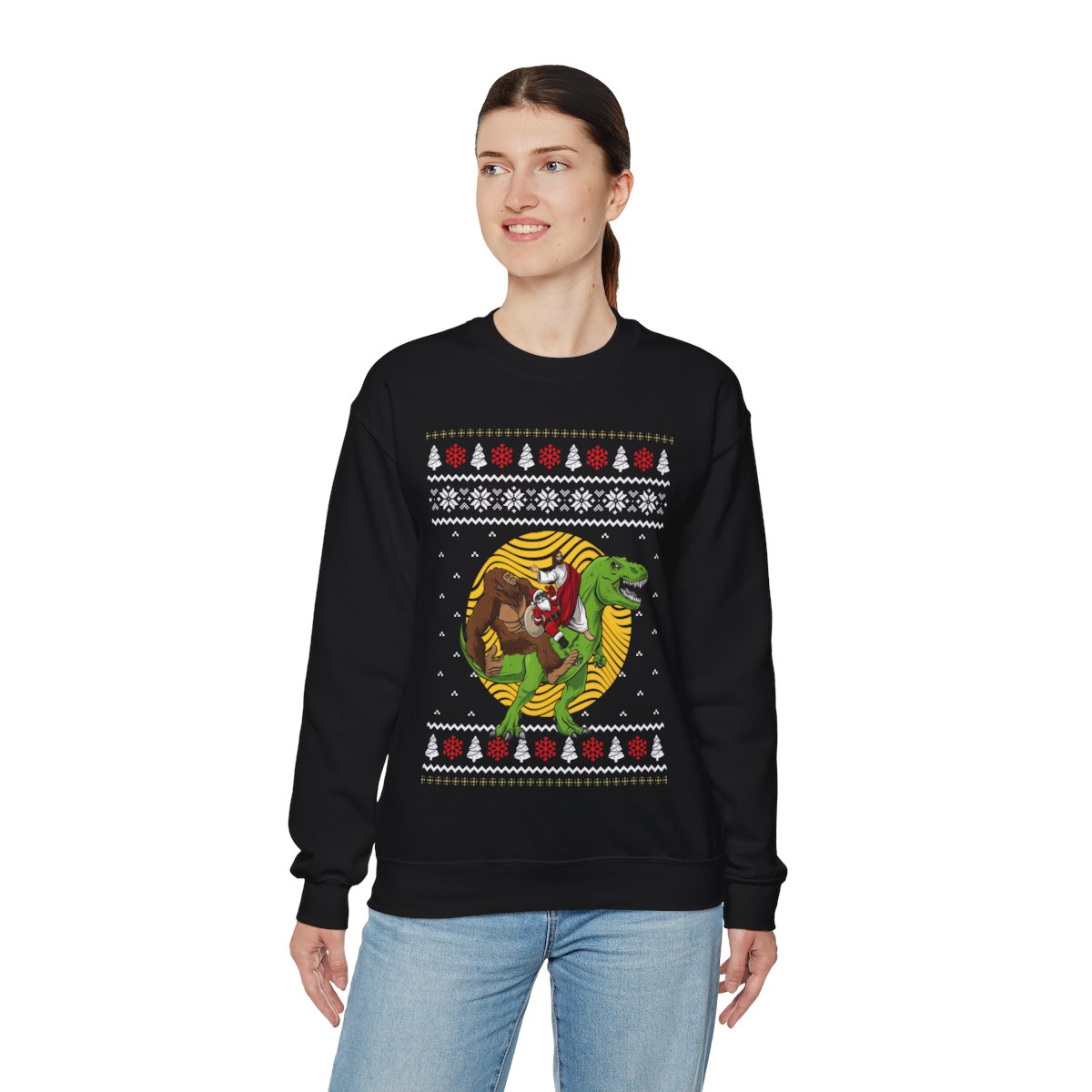Bigfoot Santa Jesus Riding On A Dinosaur Ugly Christmas Sweatshirt For Women - variant image 1