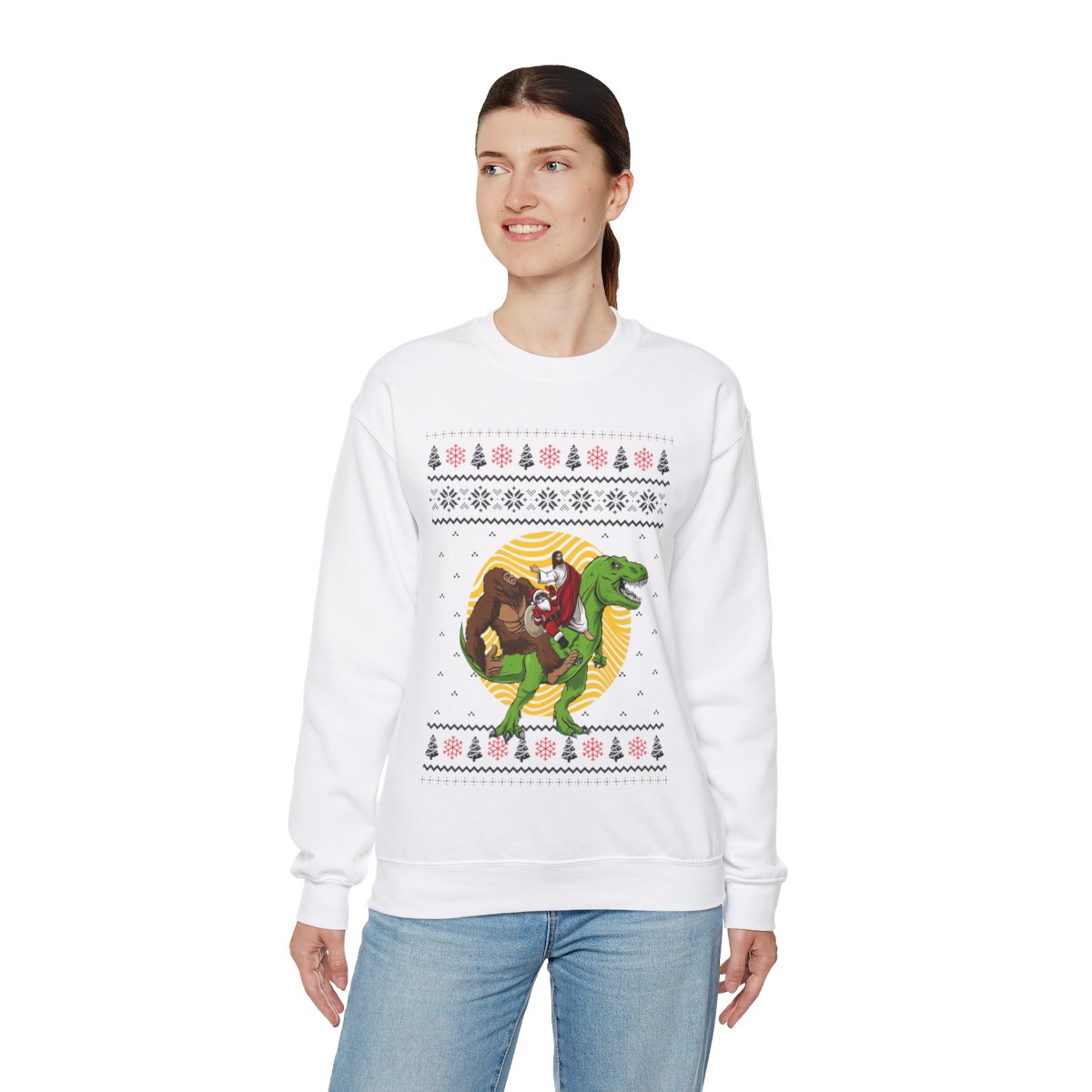 Bigfoot Santa Jesus Riding On A Dinosaur Ugly Christmas Sweatshirt For Women