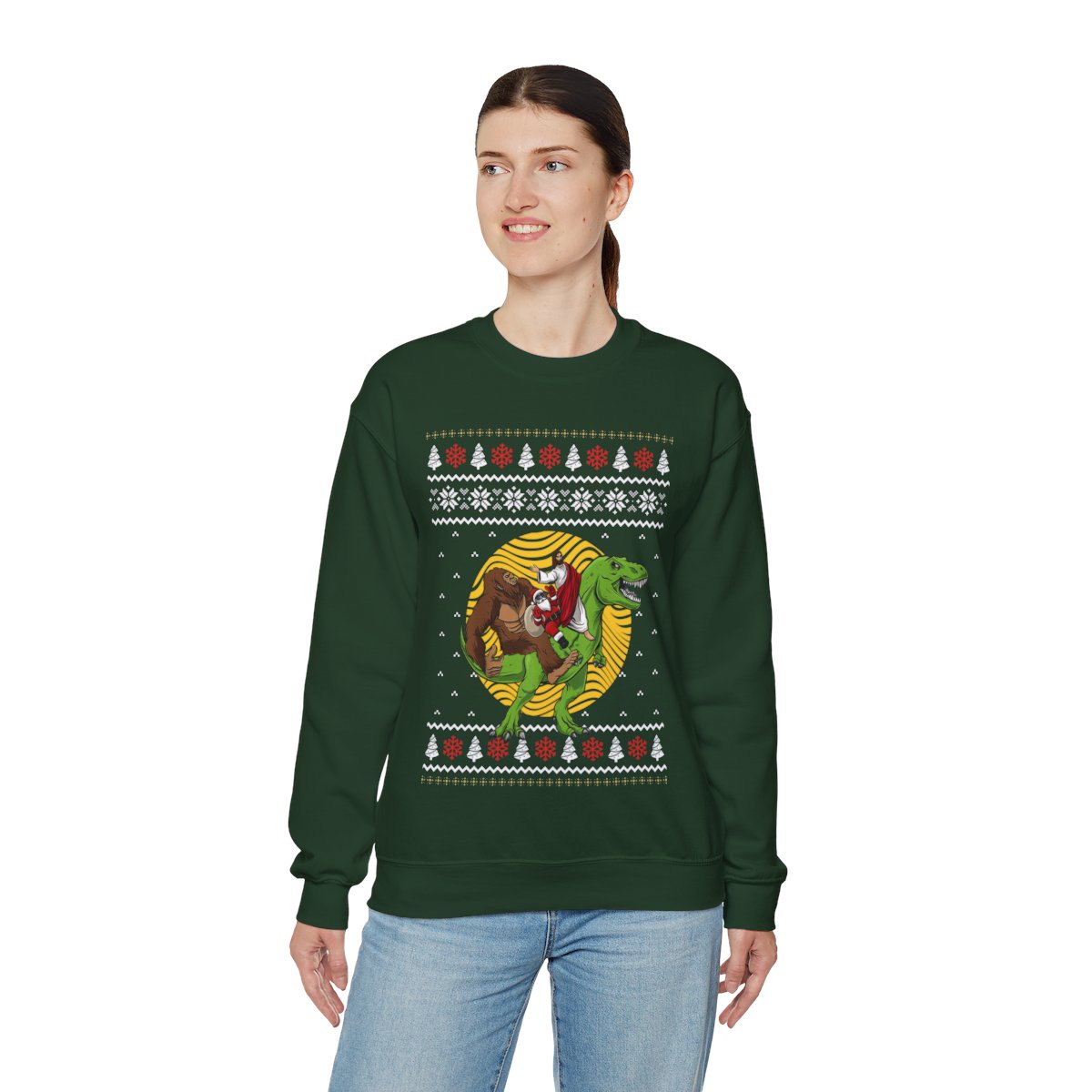 Bigfoot Santa Jesus Riding On A Dinosaur Ugly Christmas Sweatshirt For Women