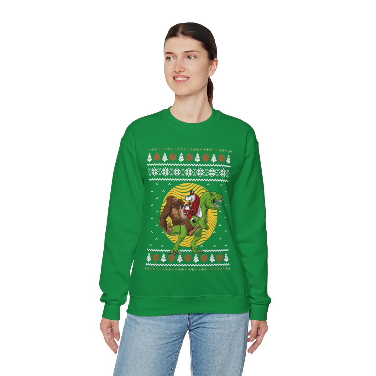 Bigfoot Santa Jesus Riding On A Dinosaur Ugly Christmas Sweatshirt For Women
