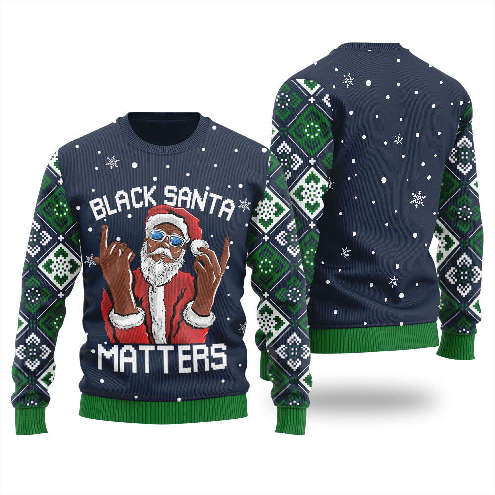 African American Santa Claus Christmas Sweater Navy - variant image 1