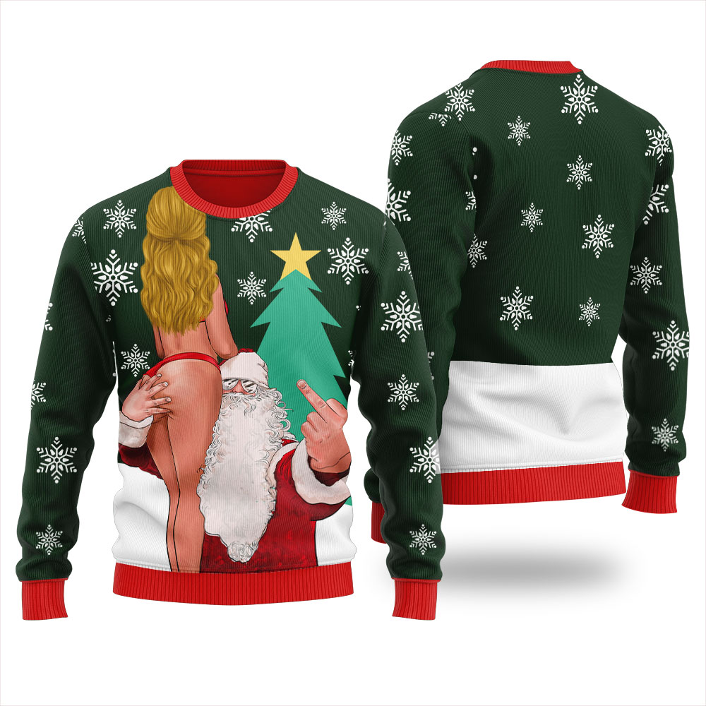 Santa With Sexy Girl Inappropriate Ugly Christmas Sweater Forest Green - variant image 1