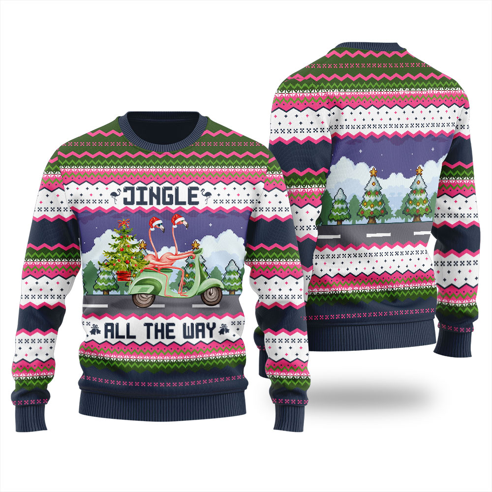 Funny Flamingo Riding Motorbike Ugly Christmas Sweater Navy - variant image 1