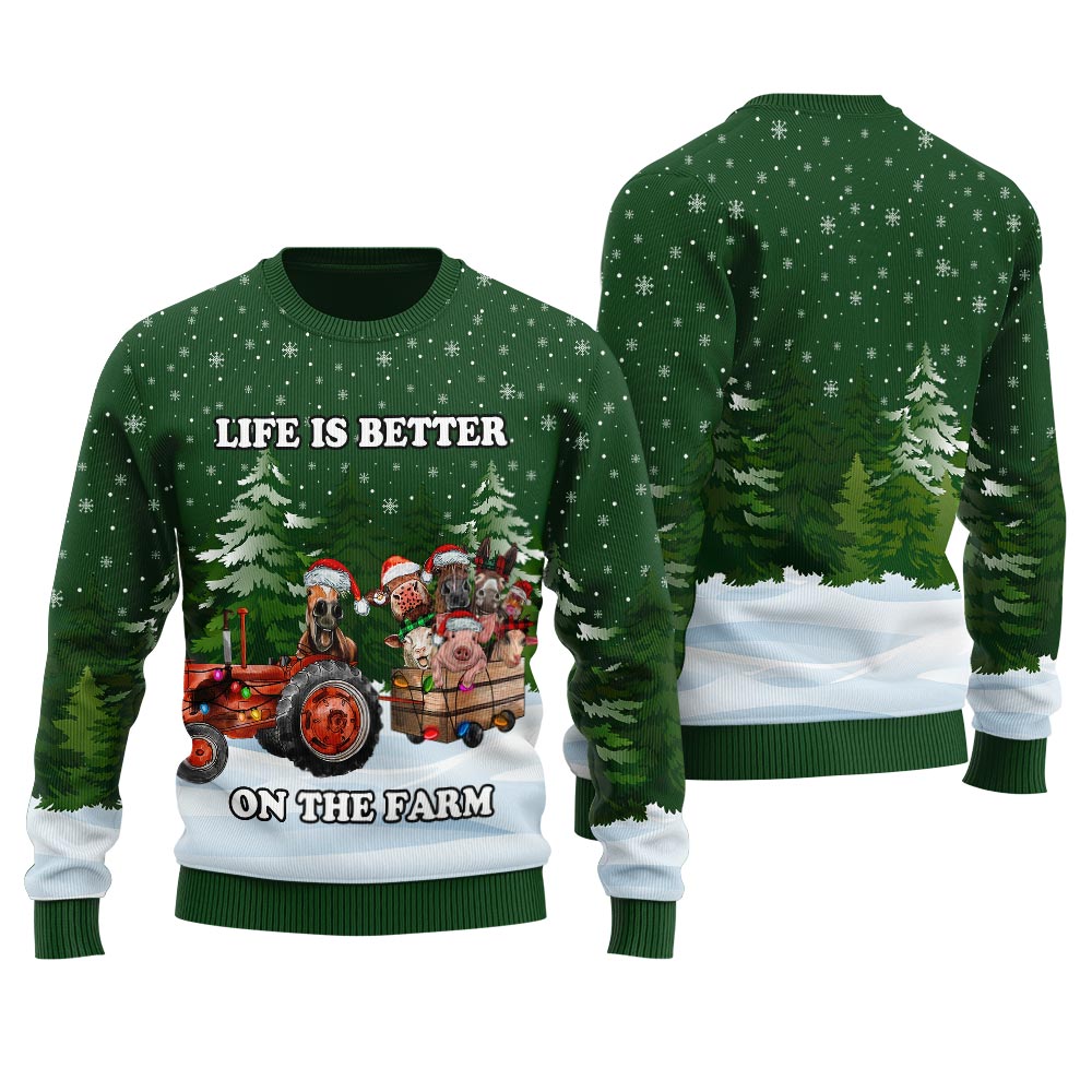Life Is Better On The Farm Ugly Christmas Sweater Forest Green - variant image 1