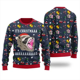 Raccoon Screaming Christmas Sweater Navy