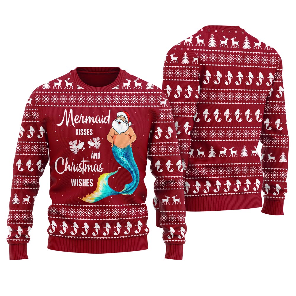 Mermaid Kisses Christmas Wishes Funny Ugly Christmas Cardinal Red - variant image 1