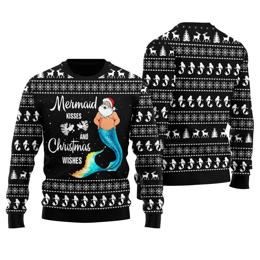 Mermaid Kisses Christmas Wishes Ugly Christmas Sweater Black - variant image 1
