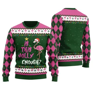 Funny Jolly Flamingo Ugly Sweater Forest Green