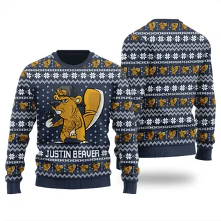 Justin Beaver Funny Ugly Christmas Sweater Navy