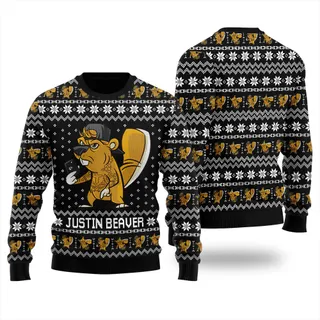 Justin Beaver Funny Ugly Christmas Sweater Black