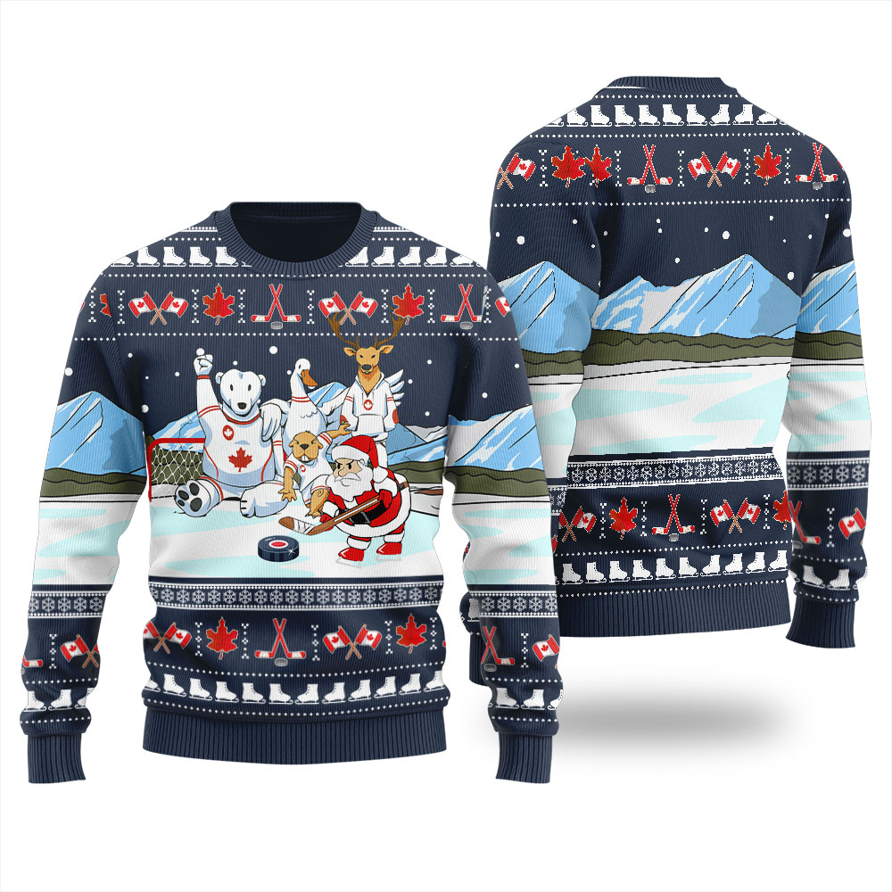 Santa Playing Hockey Funny Ugly Christmas Sweater Navy - variant image 1
