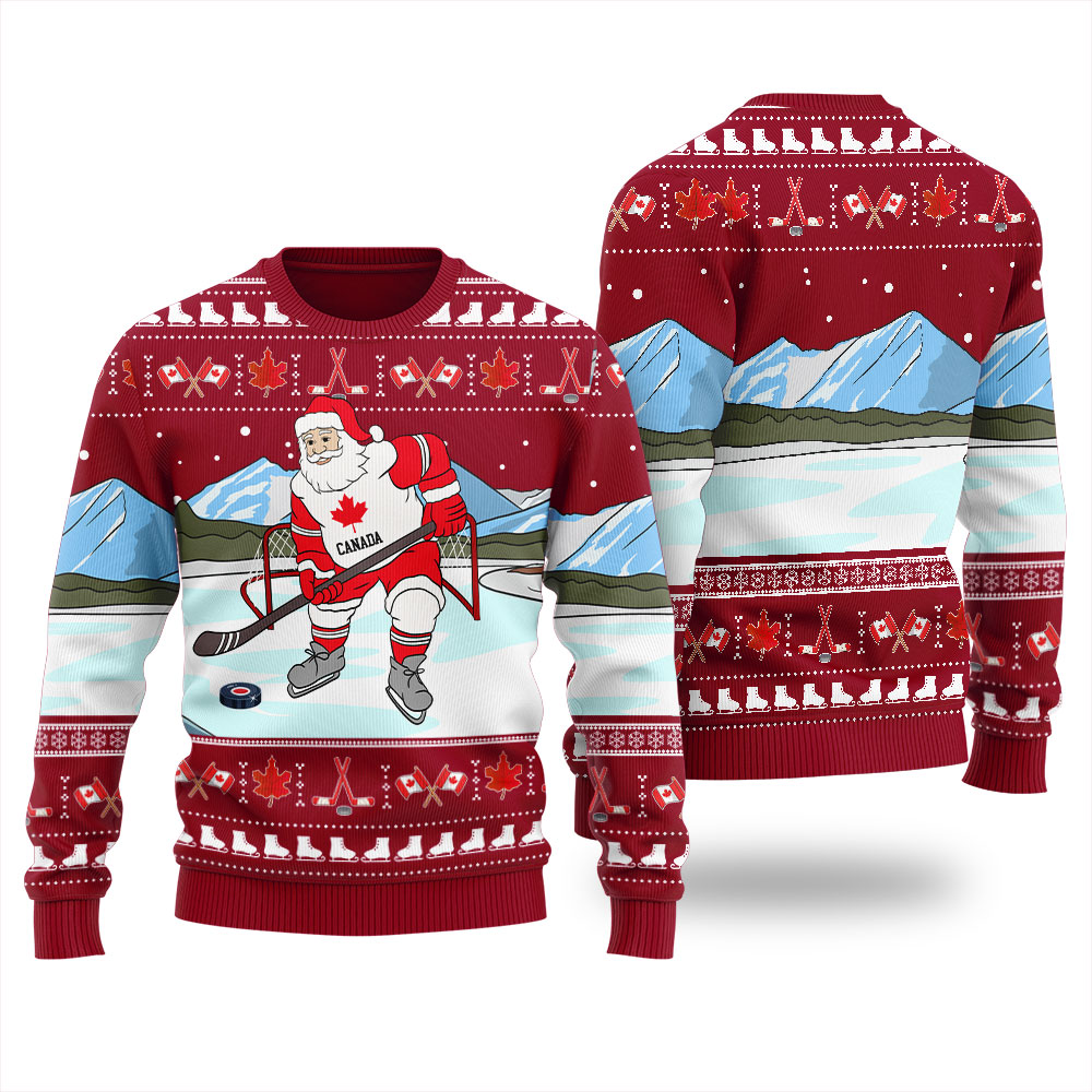 Santa Playing Hockey Canada Ugly Christmas Sweater Cardinal Red - variant image 1