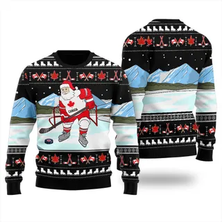 Santa Playing Hockey Canada Ugly Christmas Sweater Black
