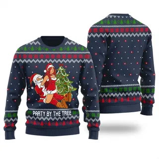 Party By The Tree Naughty Santa Ugly Christmas Sweater Navy