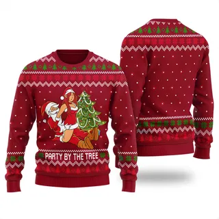Santa Having Party With Bad Girl Ugly Sweater Cardinal Red