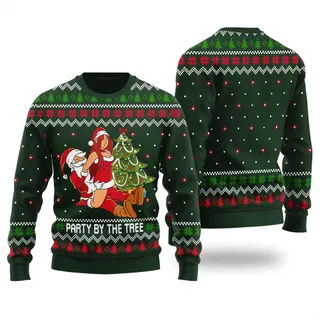Naughty Santa With Sexy Girl Ugly Christmas Sweater Forest Green