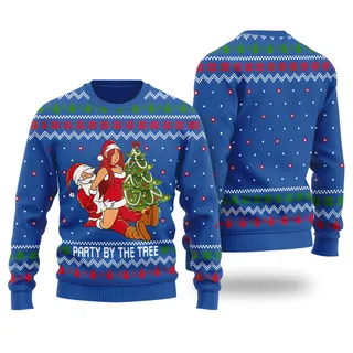 Party By The Tree Naughty Santa Ugly Christmas Sweater Royal