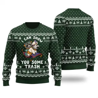 Funny Racoon Opossum Ugly Sweater Forest Green