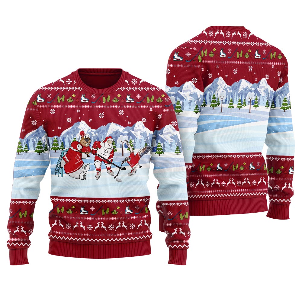 Santa Play Hockey With Canada Animals Ugly Sweater Cardinal Red - variant image 1