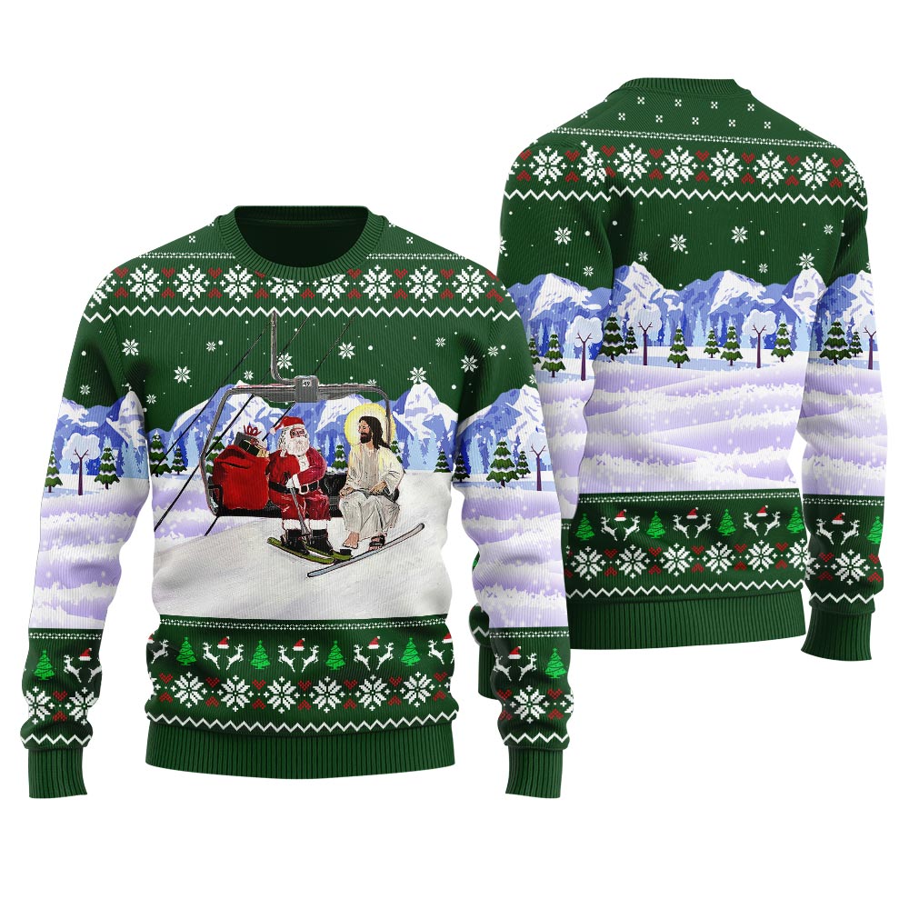 Santa Go Skiing With Jesus Ugly Christmas Sweater Forest Green - variant image 1