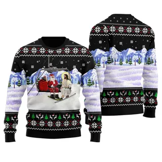 Santa Go Skiing Snowy Ugly Christmas Sweater Black