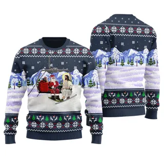 Santa Go Skiing With Jesus Ugly Christmas Sweater Navy