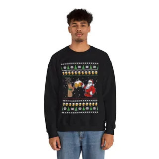 Santa Drinking Beer With Reindeer Funny Ugly Christmas Sweater For Men