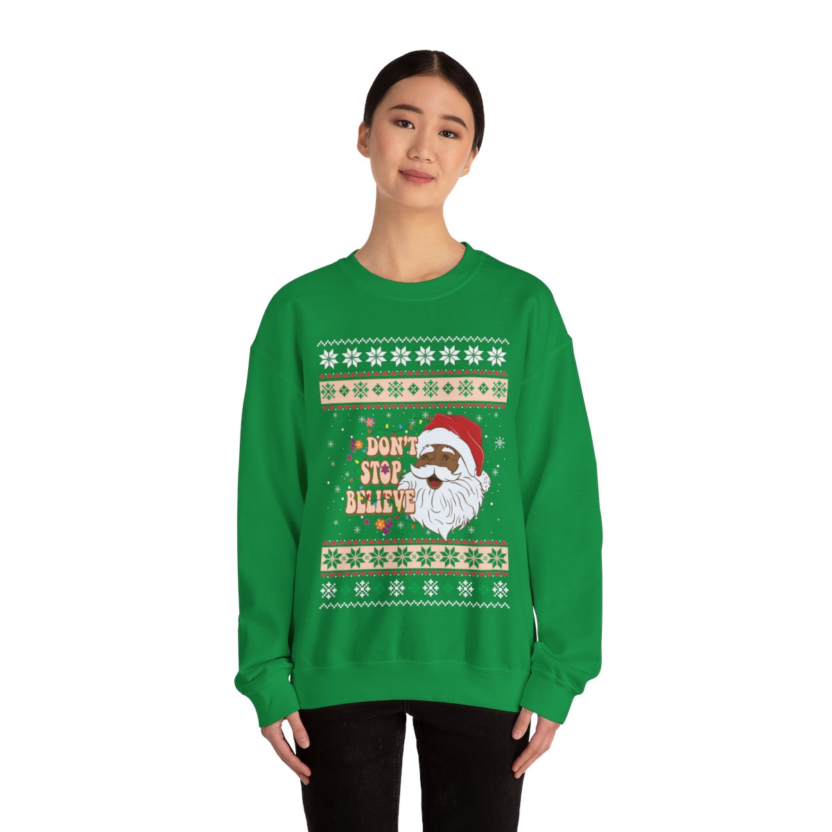 Dont Stop Believin Black Santa Claus Ugly Christmas Sweatshirt Womens 4 Dont Stop Believin Black Santa Claus Ugly Christmas Sweatshirt Womens - Image 4