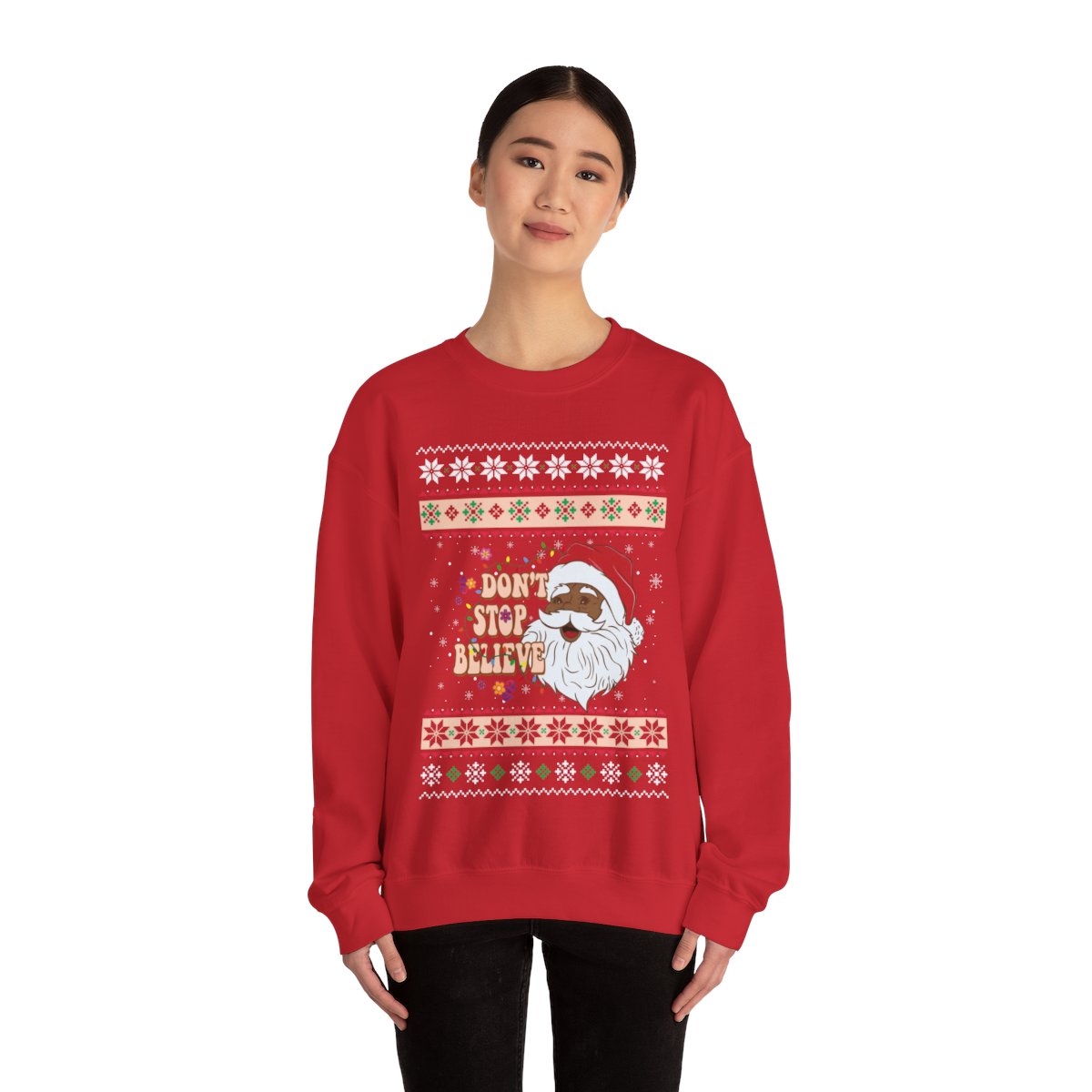 Dont Stop Believin Black Santa Claus Ugly Christmas Sweatshirt Womens 7 Dont Stop Believin Black Santa Claus Ugly Christmas Sweatshirt Womens - Image 7
