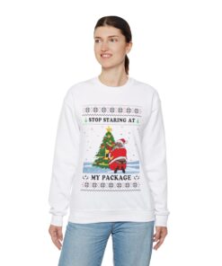 Alternative view of Stop Staring At My Package Black Santa Ugly Christmas Sweatshirt Womens