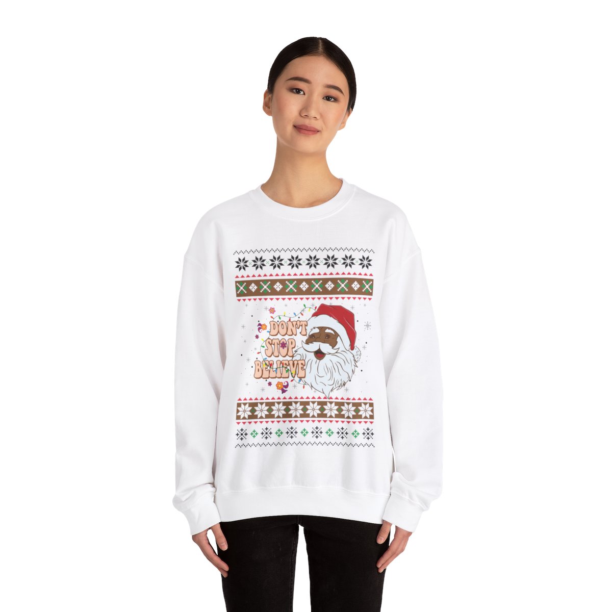 Dont Stop Believin Black Santa Claus Ugly Christmas Sweatshirt Womens 2 Dont Stop Believin Black Santa Claus Ugly Christmas Sweatshirt Womens - Image 2