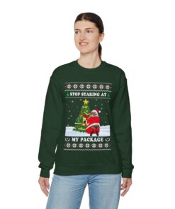 Stop Staring At My Package Black Santa Ugly Christmas Sweatshirt Womens