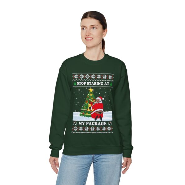 Stop Staring At My Package Black Santa Ugly Christmas Sweatshirt Womens