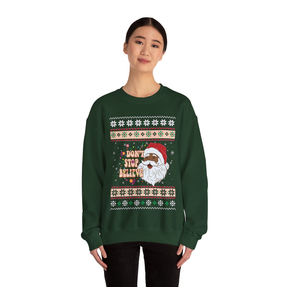 Dont Stop Believin Black Santa Claus Ugly Christmas Sweatshirt Womens 1 Dont Stop Believin Black Santa Claus Ugly Christmas Sweatshirt Womens