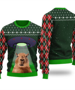 Alien Capybara Ugly Sweater Forest Green