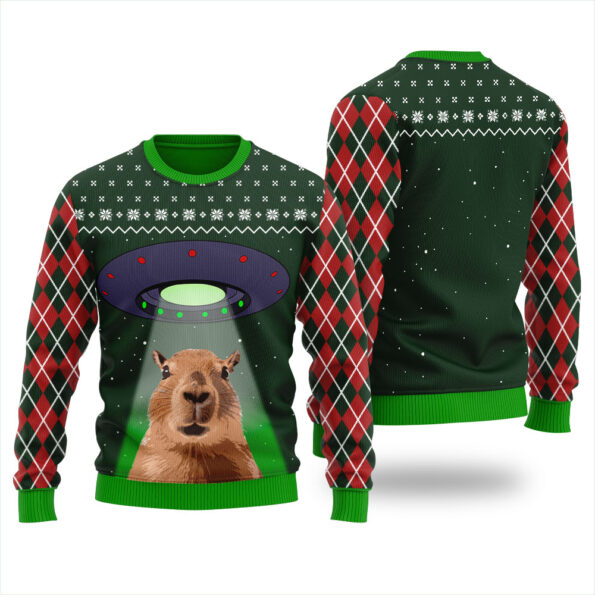 Alien Capybara Ugly Sweater Forest Green