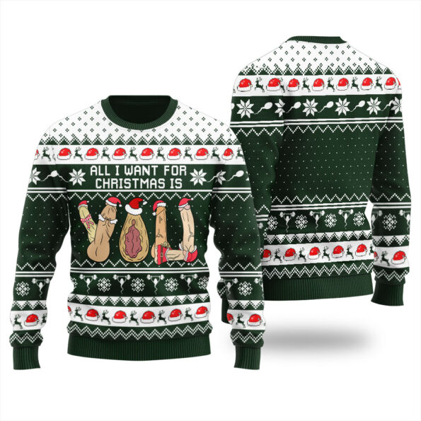 All I Want For Christmas Is Naughty Ugly Sweater Forest Green