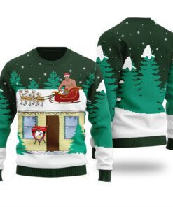 Barry Wood Santa Sleigh Ugly Sweater Forest Green