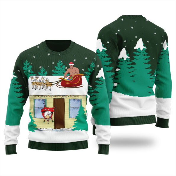 Barry Wood Santa Sleigh Ugly Sweater Forest Green