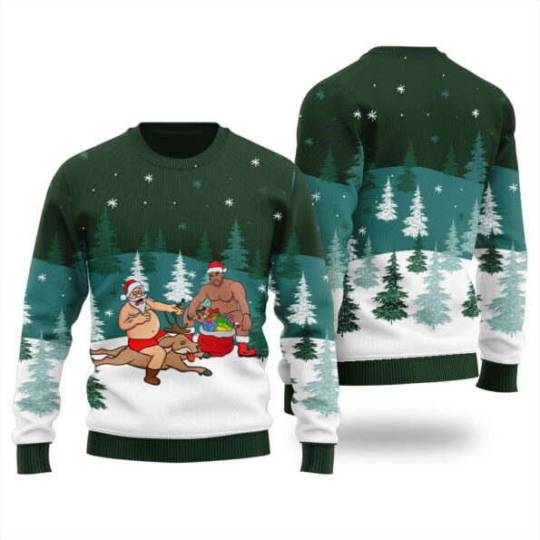 Beer Party Santa Barry Wood Ugly Christmas Sweater Forest Green