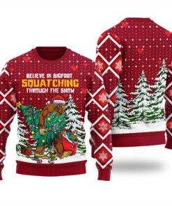 Bigfoot Christmas Tree Ugly Christmas Sweater Cardinal Red