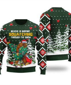 Bigfoot Christmas Tree Ugly Sweater Forest Green