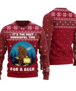 Bigfoot Drinking Beer Ugly Christmas Sweater Cardinal Red