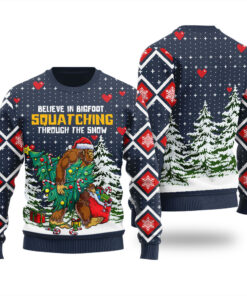 Bigfoot Squatching Through The Snow Ugly Christmas Sweater Navy