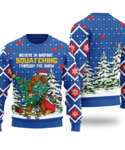 Bigfoot Squatching Through The Snow Ugly Christmas Sweater Royal