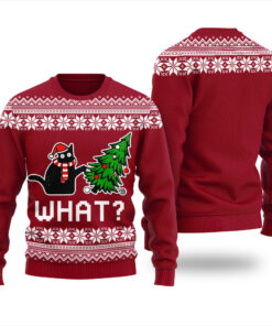 Black Cat What Ugly Christmas Sweater Cardinal Red