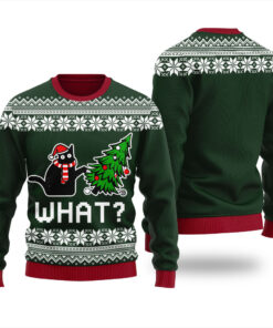 Black Cat What Ugly Christmas Sweater Forest Green